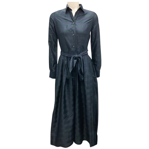 ANN MASHBURN Dresses & Skirts - ANN MASHBURN NAVY / GREEN BLACKWATCH SILK SHANTUNG CLASSIC SHIRTWAIST MAXI DRESS
